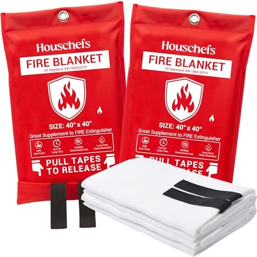 Emergency Fire Blanket for Home & Kitchen, Fiberglass Fire Suppression Blanket, 40" x 40" Heat Resistant Fire Safety Blanket for Grill, Fireplace, Camping, Car, Office & Emergency (Pack-02) by Houschefs