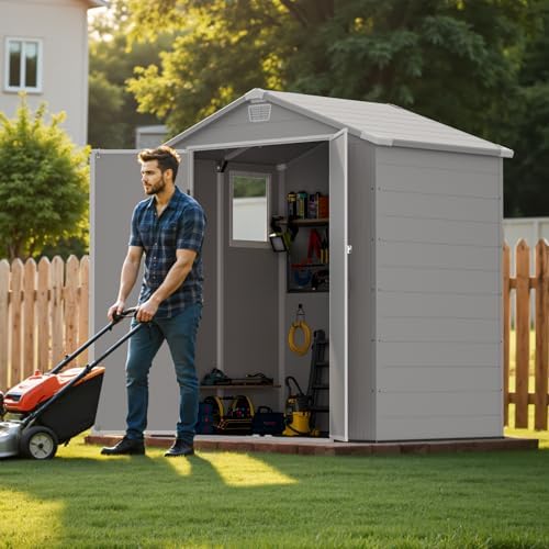Greesum 6x4FT Plastic Outdoor Storage Shed with Floor, Light Gray - Image 6