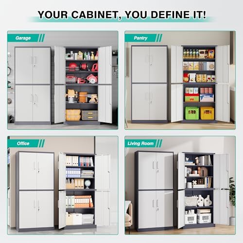 SISESOL Storage Cabinets with Doors and Shelves, 71'' Metal Garage Cabinet Locking, Adjustable Layers for Home Gym, Bathroom, Kitchen, Office, Gray White - Image 4