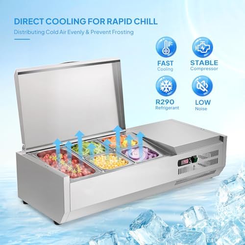 ROVSUN Refrigerated Condiment Prep Station, 40" Sandwich Prep Table ETL NSF, 18QT Salad Bar Prep Rail w/Auto Defrost, Temp Control, Stainless Steel Cover, 1/3 Pan & 4 1/6 Pan for Restaurant Food Truck - Image 2