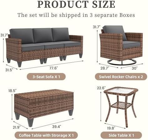 UDPATIO Patio Furniture Set, 5 Pieces Outdoor Conversation Sets with Rocking Swivel Chairs, Wicker Rattan Outdoor Sofa Set with Storage Table and Waterproof Covers for Backyard, Deck, Porch, Grey - Image 3