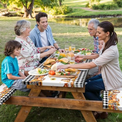 Fall Picnic Table Cover with Bench Covers, Camping Essentials, Buffalo Plaid Thanksgiving Pumpkin Waterproof Windproof, Fitted Tablecloth Cover with Elastic Edge, Indoor & Outdoor, 3 PCS, 30x96 Inch - Image 4