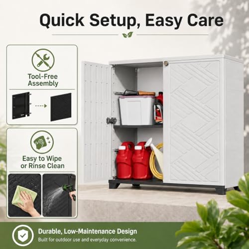ADDOK Outdoor Storage Cabinet,60 Gallon Waterproof Resin Patio Storage Cabinet with 1 Adjustable Metal Shelf, Upright Outdoor Cabinet for Garden Tools, Pool Supplies, Toys, Porch and Garage - Image 6