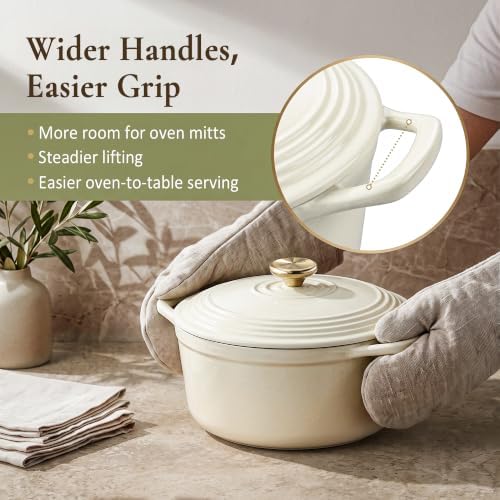 Overmont Enameled Cast Iron Dutch Oven - 5.5QT Pot with Lid Cookbook & Cotton Potholders - Heavy-Duty Cookware for Braising, Stews, Roasting, Sourdough Baking White - Image 4