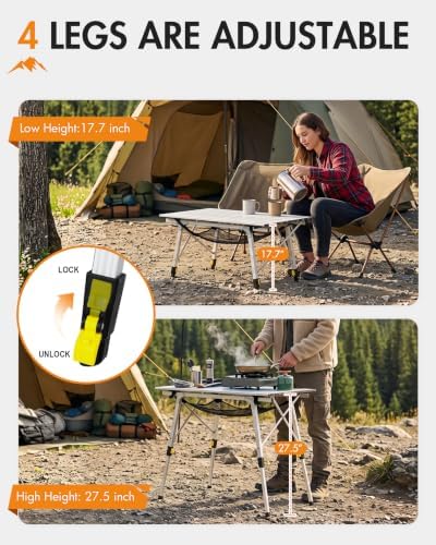 Portal Outdoor Folding Portable Picnic Camping Table with Adjustable Height Aluminum Roll Up Table Top Mesh Layer, Silver - Image 4