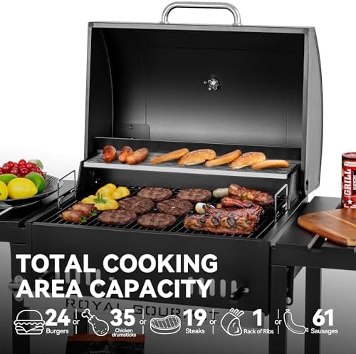 Royal Gourmet Movable Charcoal BBQ Grill with Foldable Side Shelves, Black - Image 4