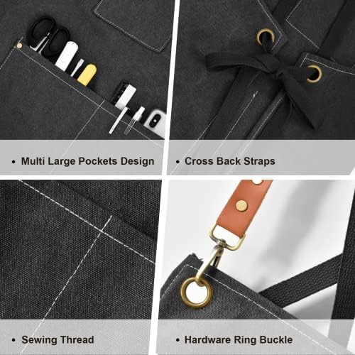 OUNLEN Chef Apron for Men Women Canvas Aprons with 3 Pockets Cross Back Resistant Work Apron for Cooking - Image 3