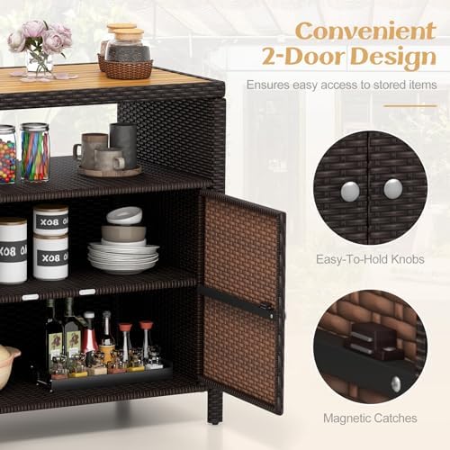 Tangkula Rattan Outdoor Storage Cabinet, Patiojoy Outdoor Cabinet with Acacia Wood Countertop, Open Compartment, 2-Door Wicker Sideboard, Outdoor Bar for Patio Garden Backyard Poolside (Mix Brown) - Image 6