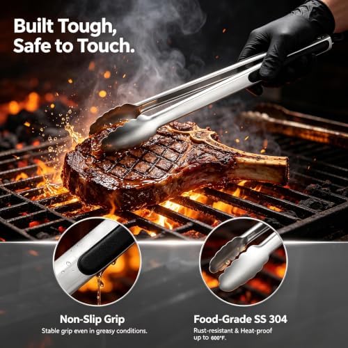 Grill Tongs, BBQ tongs - 12" & 17" Extra Long Kitchen Tong, 600 Degrees Heat Resistant Stainless Steel tong, Heavy Duty Metal Locking Tongs for Cooking, Grilling, Outdoor Barbecue, Set of 2 - Image 4