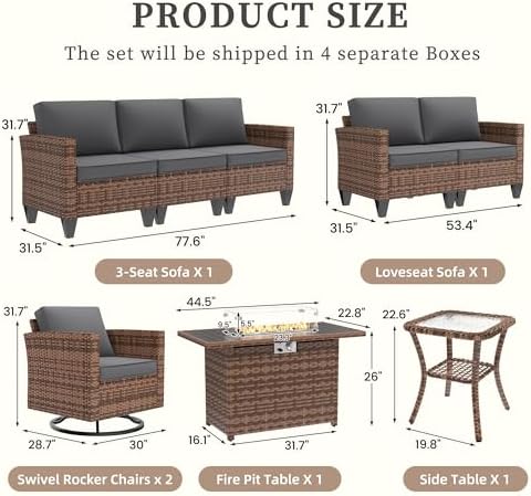 UDPATIO Patio Furniture Set with Fire Pit Table, Rocking Swivel Chairs, 6 Pieces Outdoor Conversation Sets, All-Weather Wicker Outdoor Sectional Sofa with Waterproof Cover, 4'' Thickened Cushion, Grey - Image 3