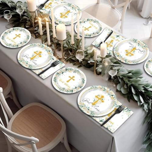 God Bless Plates and Napkins Baptism Tableware Set First Communion Party Paper Plates for Christening Newborn Dinnerware Cross White Floral Plate Mi Bautizo Baby Shower Decoration Supplies Serve 24 - Image 5