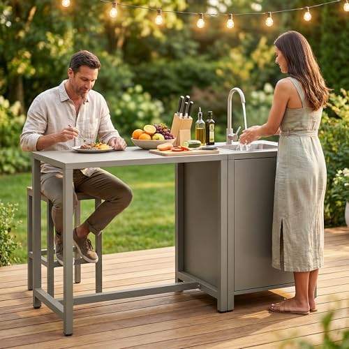 Wisteria Lane Outdoor Storage Cabinet with Stainless Steel Sink, Aluminum Modular Outdoor Kitchen, All Wheather Kitchen Island with Storage, Patio Bar Table for BBQ, Porch，Backyard - Image 3
