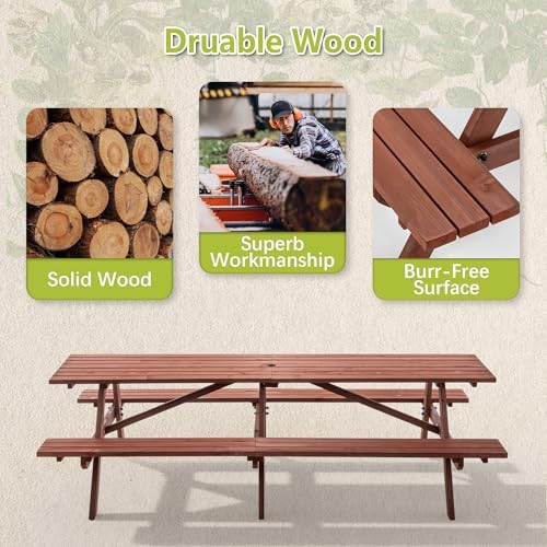94.5" Picnic Table with Bench for 12 Person Extra Large Rectangle Outdoor Wooden Outdoor Picnic Tables for Patio Garden Backyard Large Outside Dining Table Set with Umbrella Hole - Image 5