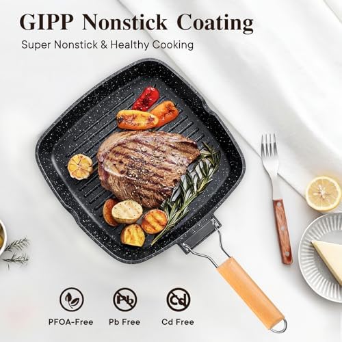 GiPP 11 Inch Nonstick Grill Pan with Folding Handle,Square Grill Skillet - Image 3