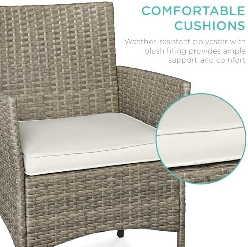 Best Choice Products 3-Piece Outdoor Wicker Conversation Bistro Set, Space Saving Patio Furniture for Garden w/Side Table - Taupe/White Sand - Image 4