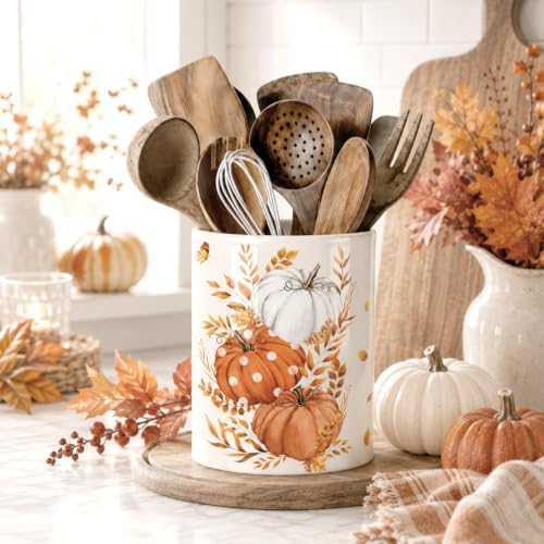 Fall Pumpkin Utensil Holder, Orange Autumn Decor Large Ceramic Utensil Holder For Kitchen Organizer, Farm 6.3'' Cooking Utensil Crocks Rustic Decor Utensil Storage Cup for Countertop - Image 3