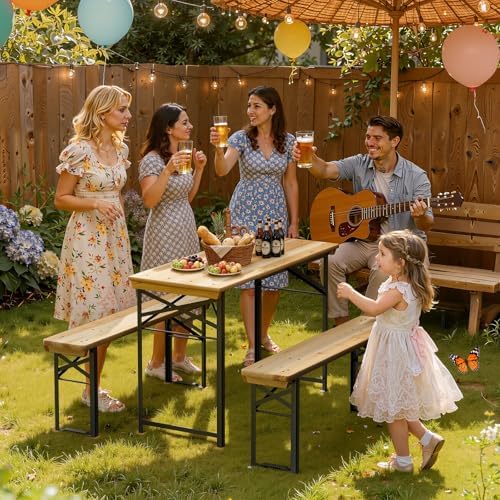 VINGLI 45 Inch Folding Picnic Tables with Benches Set, Weather-Resistant Wooden Beer Garden Table Bench, 3-Piece Portable Fold Up Camping BBQ Table,Natural Wood Color - Image 6