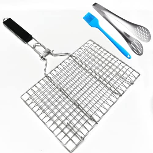Stainless Steel BBQ Grill Basket With Silicone Brush And Stainless Steel Tong Barbecue Fish Grill Basket for Outdoor Grill Foldable Vegetable Grilling Rack by HTIAM