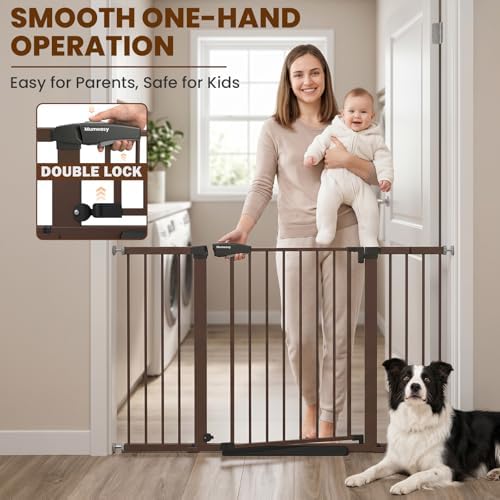Mumeasy 29.7-57" Extra Wide Baby Gate, Auto Close Large Dog Gate for Doorways, No Drilling Pressure Mounted Pet Safety Gate for Stairs, Easy Walk Through Child Gate for Hallways, House, Indoor, Brown - Image 4
