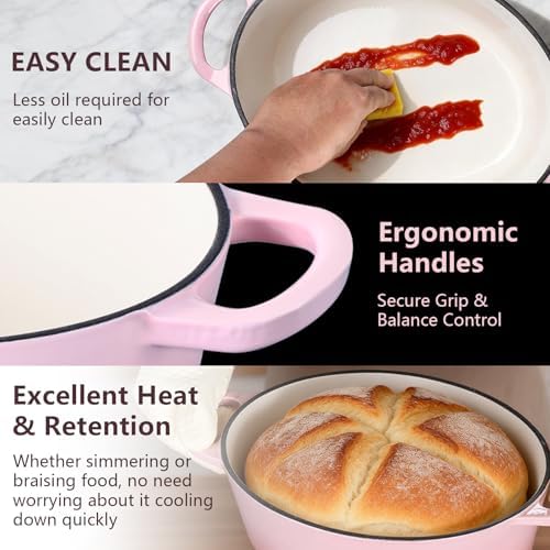 P&P CHEF Oval Dutch Oven with Lid, Enameled Cast Dutch Oven Pot for Bread Baking, Braising, Stewing, Roasting, Non-Stick & Oven Safe, Dual Handles & Easy Clean, 7QT & Pink, Valentine's Day - Image 3