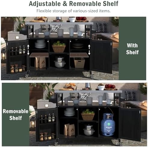 Outdoor Kitchen Island, Rolling Bar Cart & Storage Cabinet, Farmhouse Solid Wood Outdoor Grill Table with Stainless Steel Top, Spice Rack, Towel Rack for Kitchen & Barbecue, Black - Image 5