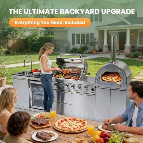 112" Outdoor Kitchen Island,Stainless Steel Natural Gas BBQ Grill with Pizza Oven, Rotisserie, Refrigerator, Standalone Side Burner,Granite Countertop, Storage Cabinets & Drawers 108000 BTU. - Image 4
