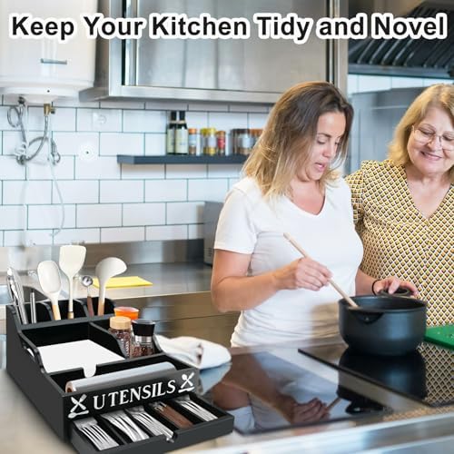 Kitchen Utensil Holder, Lagre Wooden Cooking Utensil Holder, Farmhouse Spatula Organizer, Countertop Utensil Crock for Forks Spoons Knives Kitchen Cooking Tools Storage with 11 Compartments(Black) - Image 7