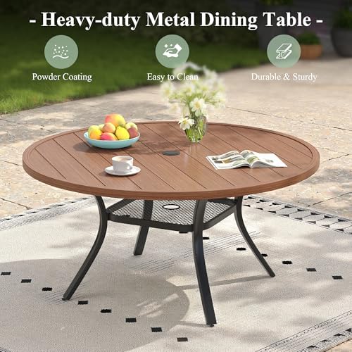 47.2" Patio Dining Table for 6, Round Outdoor Metal Dining Table with Umbrella Hole for Lawn Garden Backyard, Walnut - Image 7