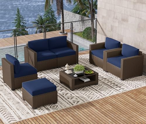LOUVIXA 7 Piece Outdoor Patio Furniture Set, Rattan Chairs Glass Table Wicker Conversation Seating Sectional Sofa with Cushions (Brown-Navy, 7Pcs-2 Layer Coffee Table) - Image 4