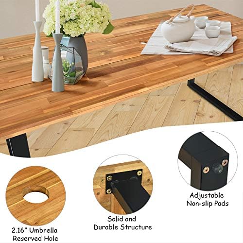 Tangkula 7 Pieces Outdoor Dining Set, Patented Patio Furniture Set w/Large Rectangle Acacia Wood Table Top, Rattan Chairs with Steel Frame, Umbrella Hole, for Backyard Garden - Image 6