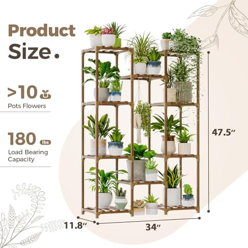 Bamworld Plant Stand Indoor Outdoor Tall Plant Shelf for Multiple Plants Pots Wood Flower Stand Large Flower Holder for Living Room, Patio, Balcony, Garden Decor, Brown - Image 5