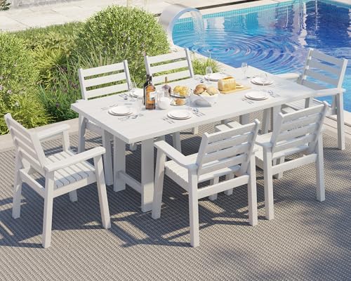 AMERLIFE 7-Piece HDPE Patio Dining Set with 71" Outdoor Table, White by AMERLIFE