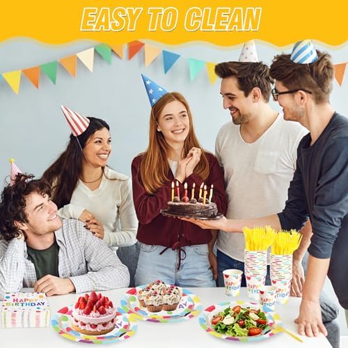 144 Pcs Birthday Party Tableware Set for 24 Guests, Heavy-Duty 7" & 9" Paper Plates, Cups, 2-Ply 13" Napkins & Plastic Forks, Disposable Rainbow Confetti "Happy Birthday" Party Supplies - Image 3