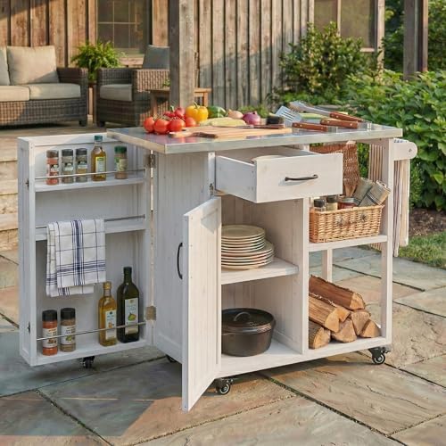 Outdoor Kitchen Island Cart with Stainless Steel Top, Rolling Grill Table with Storage Cabinet Drawer Shelves and Towel Rack, Wooden BBQ Prep Station with Lockable Wheels for Patio Backyard, White - Image 3