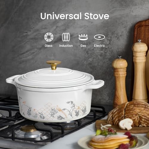 CAROTE Cast Iron Dutch Oven Pot with Lid, 5QT Enameled Floral Dutch Ovens with Gift Box, Cast Iron Pot for Sourdough Bread Baking, Braising, Stews, Roasting, All Stovetop Compatible, Oven Safe, White - Image 3