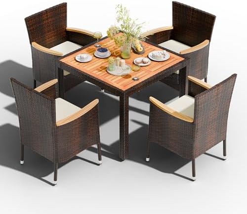 Shintenchi 5 PCS Patio Dining Set, Wicker Outdoor Table and Chairs with Soft Cushions, Patio Furniture Set with Wood Table Top for Backyard, Deck and Garden, Brown Wicker - Image 7