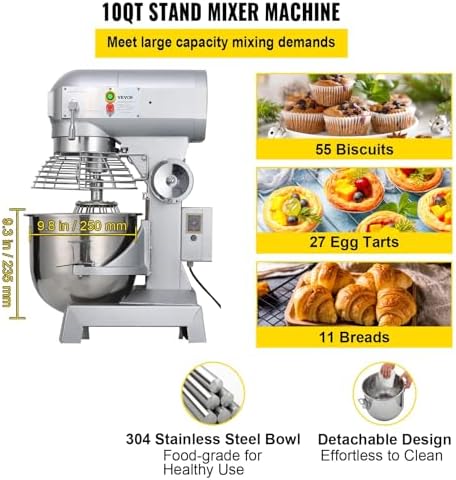 Happybuy 10Qt Commercial Food Mixer with Timing Function， Commercial Mixer 500W Stainless Steel Bowl Heavy Duty Electric Food Mixer Commercial with 3 Speeds Adjustable, Perfect for Bakery Pizzeria - Image 3