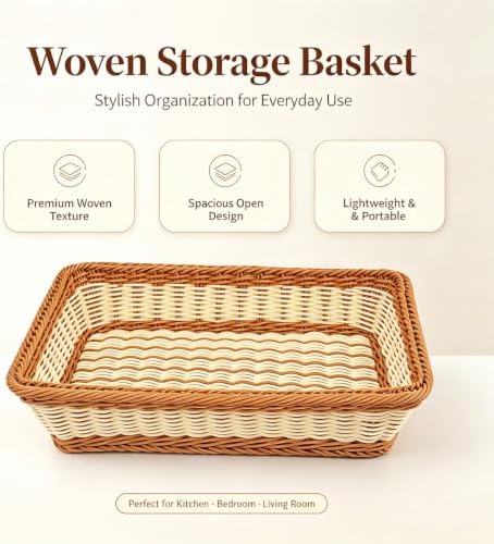 Large Wicker Bread Basket for Party Food, Rectangle Woven Fruit Basket, Gift Baskets Empty, Sturdy Durable Stackable Storage Baskets for Kitchen, Store, Restaurant, Party (Bicolor, L) - Image 7