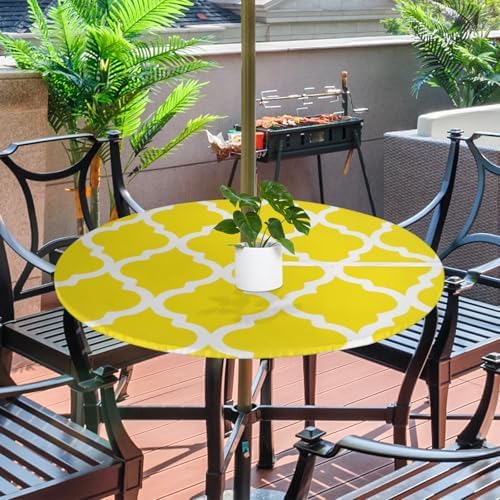 Fitted Round Tablecloth with Umbrella Hole and Zipper Yellow Moroccan Outdoor Elastic Table Cloth 45"-56" Oil-Proof Waterproof Morocco Geometric Patio Table Cover for Dining Picnic Party - Image 2