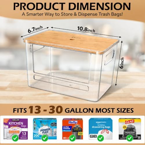 Stackable Trash Bag Dispenser with Wooden Top for Holding 13 to 30 Gallon Bag Sizes – Small Size Garbage Bag Holder with Anti-Slip Base, Trash Bag Dispenser Under Sink (10.8"x6.7"x6" inches) - Image 2