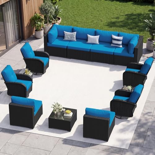 Aoxun 13 Piece Outdoor Patio Furniture Set with Coffee Table, Wicker Rattan Outdoor Furniture with High Back Swivel Rocker Chairs, Outdoor Conversation Set with Thick Cushion, Peacock Blue by Aoxun