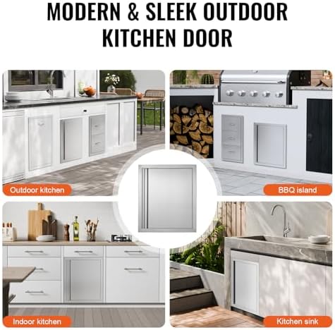 VEVOR Outdoor BBQ Kitchen Door, 18W x 21H Inch Stainless Steel Flush Mount Vertical Door with Recessed Handle, for BBQ Island, Grilling Station, Outside Cabinet - Image 6