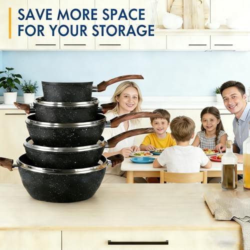 Simple Deluxe 17Pcs Ceramic Cookware Set, Nonstick & Non-Toxic Healthy Pots and Pans, Heat-Resistant Handles, Induction Cookware Sets with Frying Pans, Black - Image 5