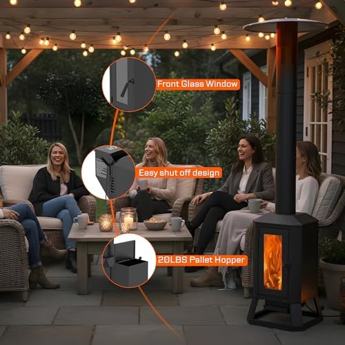 70,000 BTU Wood Pellet Outdoor Patio Heater with Glass Viewing Window - Image 5