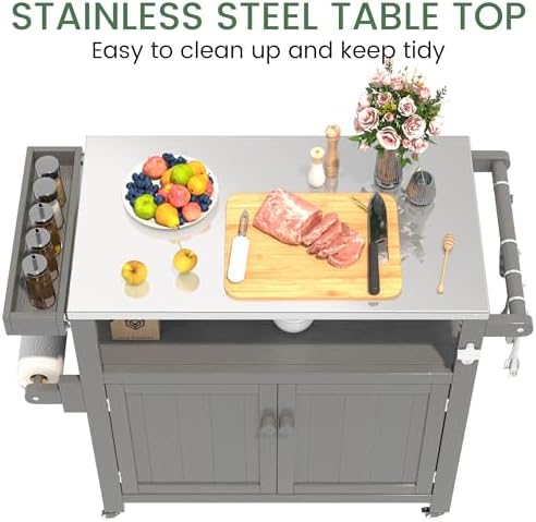 Weatherproof HIPS Outdoor Kitchen Island with Stainless Steel Top & Storage Cabinet, Movable Prep Table with Wheels for BBQ Food Prep, Outdoor Grill Cart for Parties, Grey - Image 4