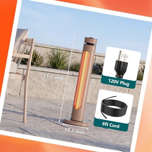 Patio Heater for Outdoor 1500W 8 Heat Levels 8H Timers Oscillation Carbon Fiber Heating Tip-Over&Overheat Protection Waterproof Electric Infrared Heater with Remote Brown - Image 2
