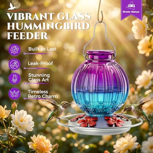 2 Pack Glass Hummingbird Feeder for Outdoors Hanging, Bird Nectar Feeder with Perch & 5 Flower Feeding Ports, 26 Oz Leak Proof for Outside Garden Decor Backyard, Gifts for Women Mom, Red + Purple Blue - Image 6
