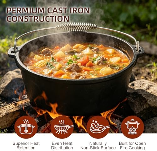DVK 8 Piece Cast Iron Cookware Set with Vintage Wooden Storage Box, Pre-seasoned Skillets, Dutch Oven and Griddle Kit for Outdoor Camping, RV Trips and Home Kitchen Cooking - Image 3