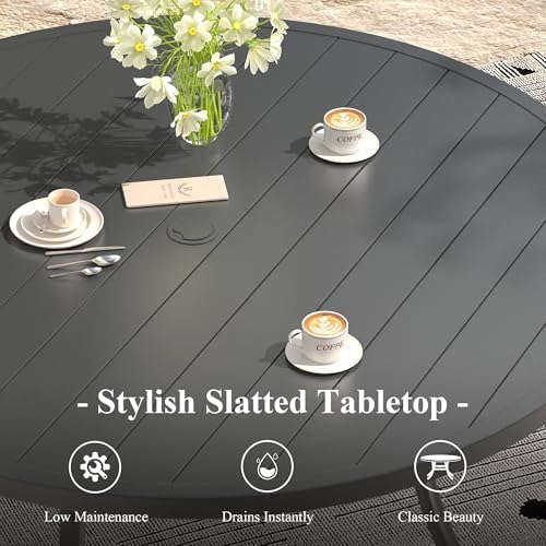 Outdoor Dining Table for 8, 60" Round Outdoor Table with Adjustable Umbrella Hole, All-Weather Metal Patio Dining Table for Lawn Garden Backyard Deck, Black - Image 5