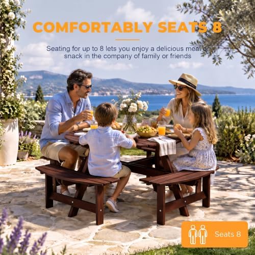8 Person Wooden Picnic Table, Outdoor Round Picnic Table with 4 Built-in Benches, Umbrella Hole, Outside Table and Bench Set for Patio, Backyard, 500lbs Capacity Per Bench (Brown - 8Person) - Image 6